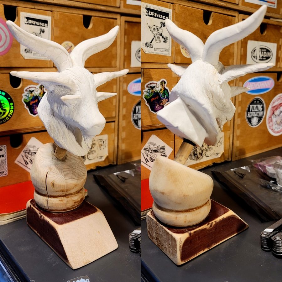 Later in the day after first posting this, I made them a stand for when not in use out of a couple bits of wood from my chunky bits collection. Holds their head more at the angle it would be when standing.